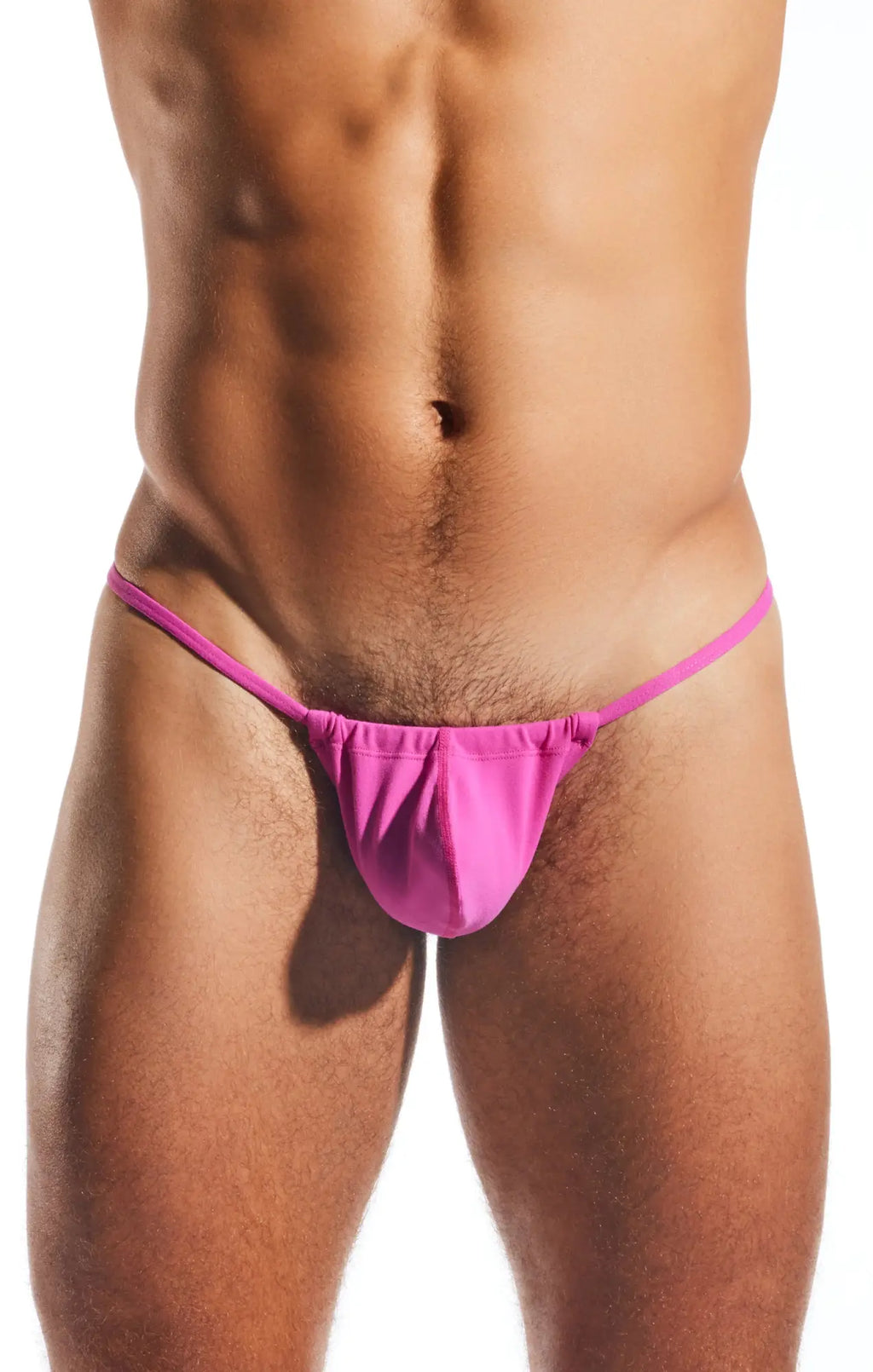 Bright pink Cocksox CX14 slingshot thong made of smooth stretchy fabric with gathered front and thin straps