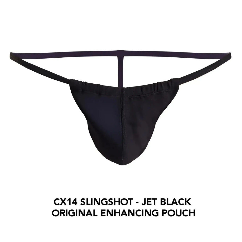 Jet black Cocksox CX14 Slingshot original enhancing pouch made of smooth stretchy fabric with supportive thong design