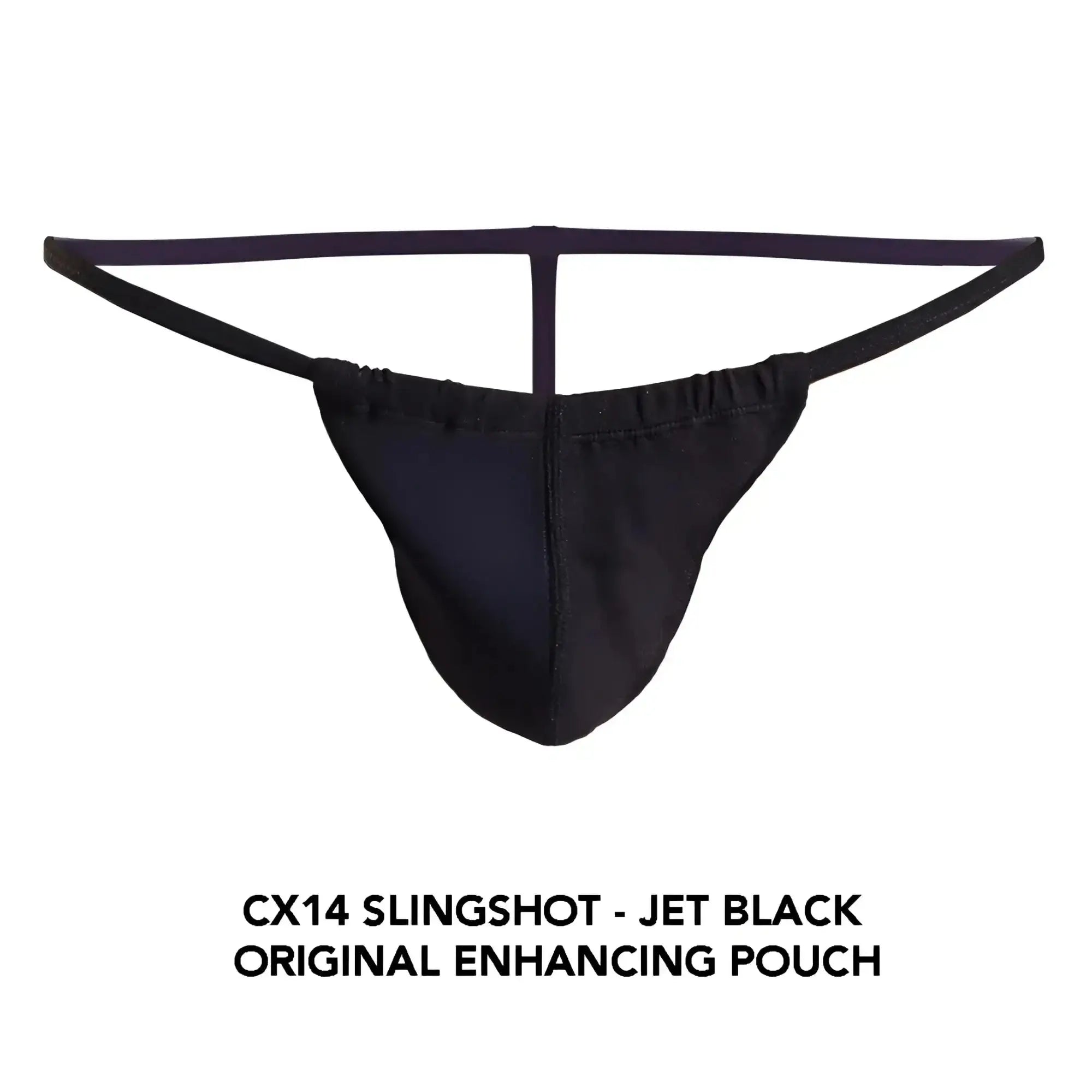 Jet black Cocksox CX14 Slingshot original enhancing pouch made of smooth stretchy fabric with supportive thong design