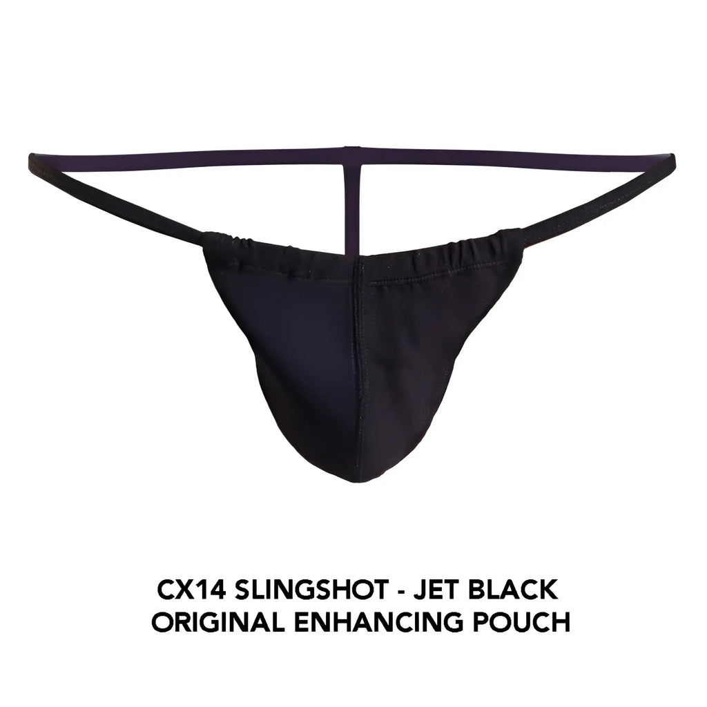 Jet black Cocksox CX14 Slingshot original enhancing pouch made of smooth stretchy fabric with supportive thong design