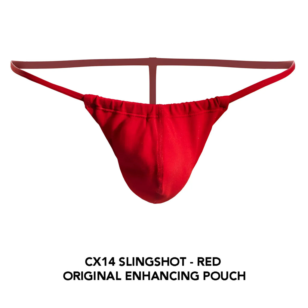Cocksox cx14 slingshot original enhancing pouch in red satin fabric with thin elastic straps for a smooth fit
