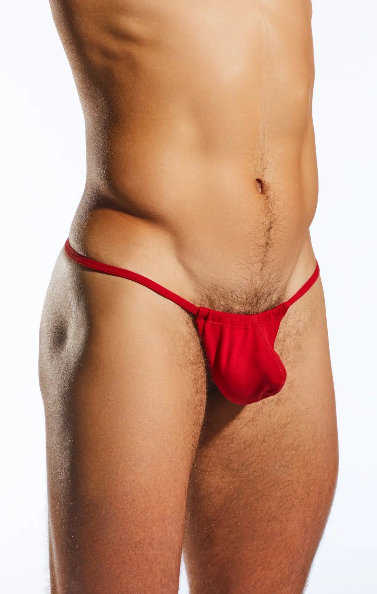 Red thong cocksox cx14 slingshot made of smooth stretchy fabric shown from the back side