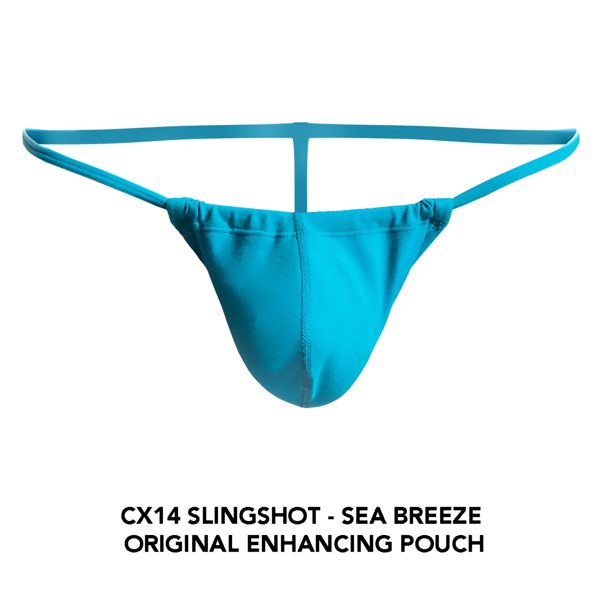 Cocksox cx14 slingshot sea breeze original enhancing pouch is a turquoise stretchy thong with elastic straps and central seam