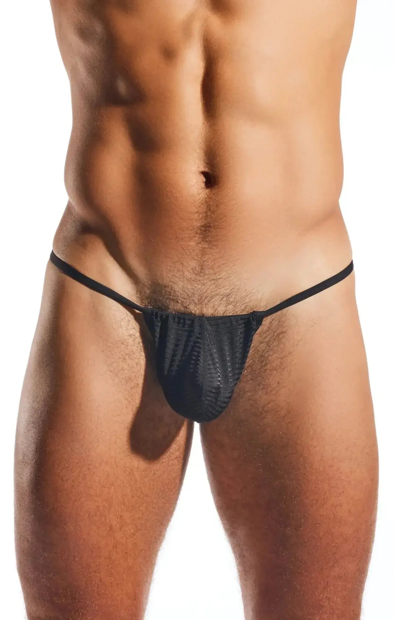 Black mesh thong with thin elastic straps cocksox cx14lux semi-sheer slingshot showing front view