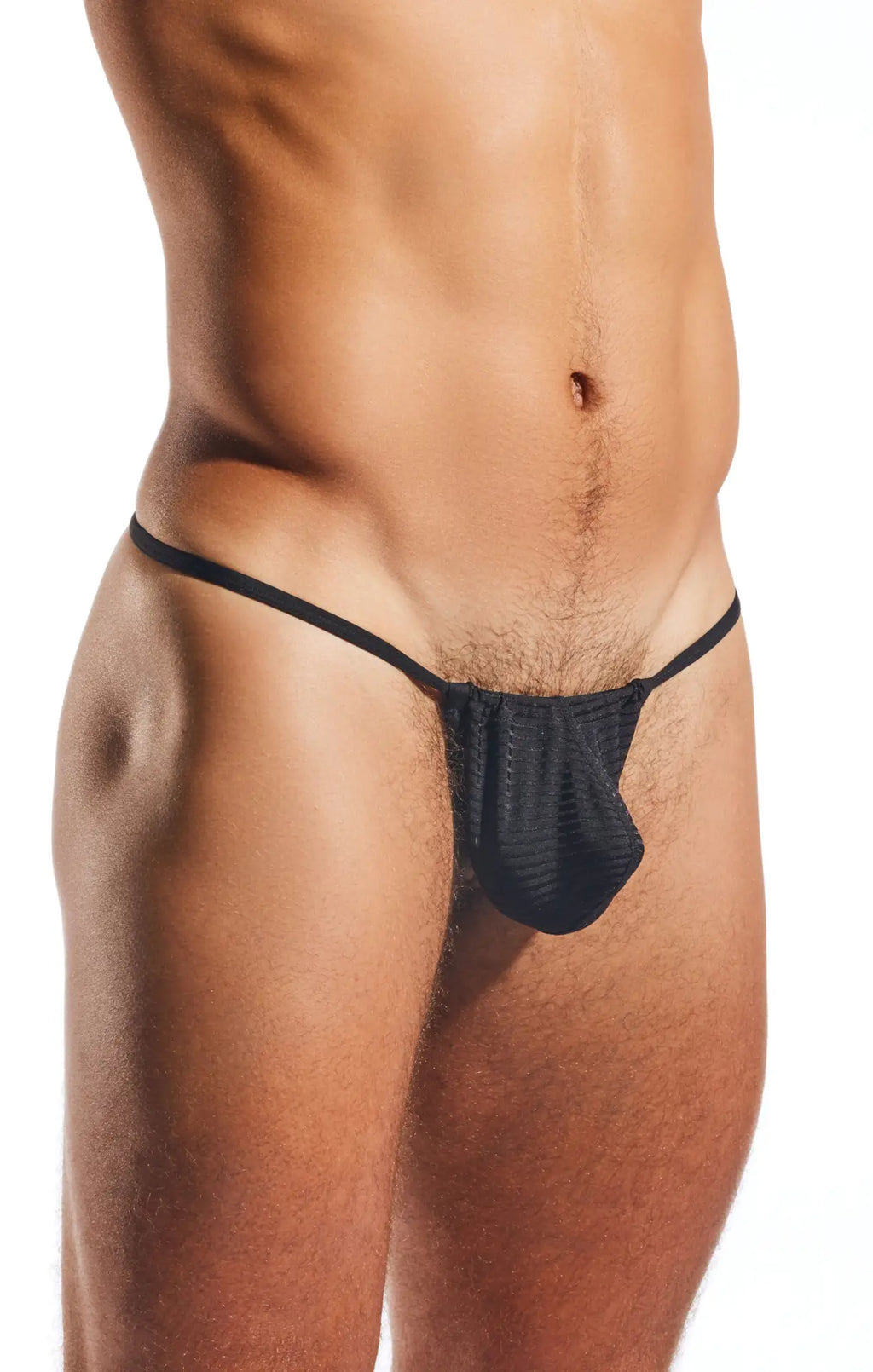 Black mesh thong with thin elastic waistband cocksox cx14lux semi sheer slingshot style front view