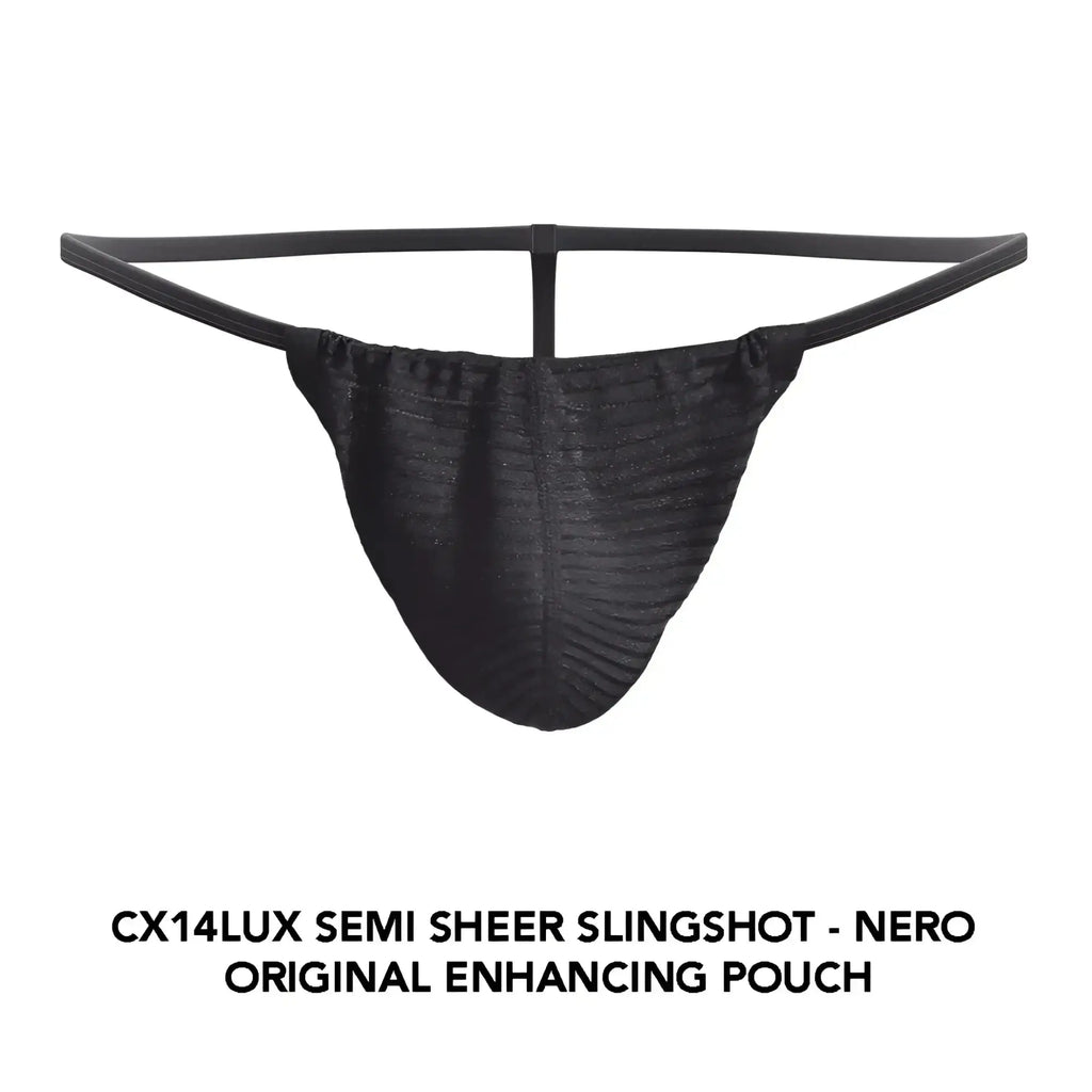 Black cocksox cx14lux semi-sheer slingshot pouch with ribbed texture and elasticated waistband visible from front side