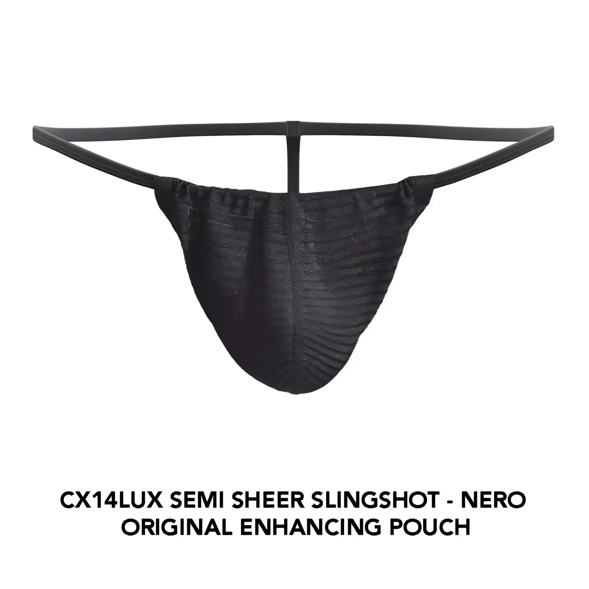Black cocksox cx14lux semi-sheer slingshot pouch with ribbed texture and elasticated waistband visible from front side