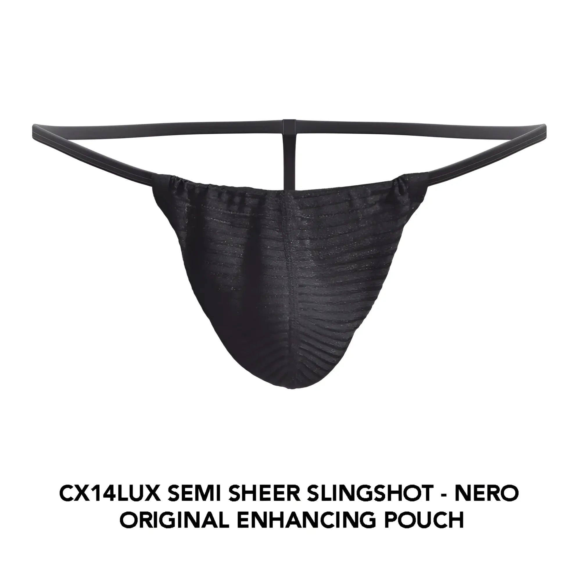 Black cocksox cx14lux semi-sheer slingshot pouch with ribbed texture and elasticated waistband visible from front side