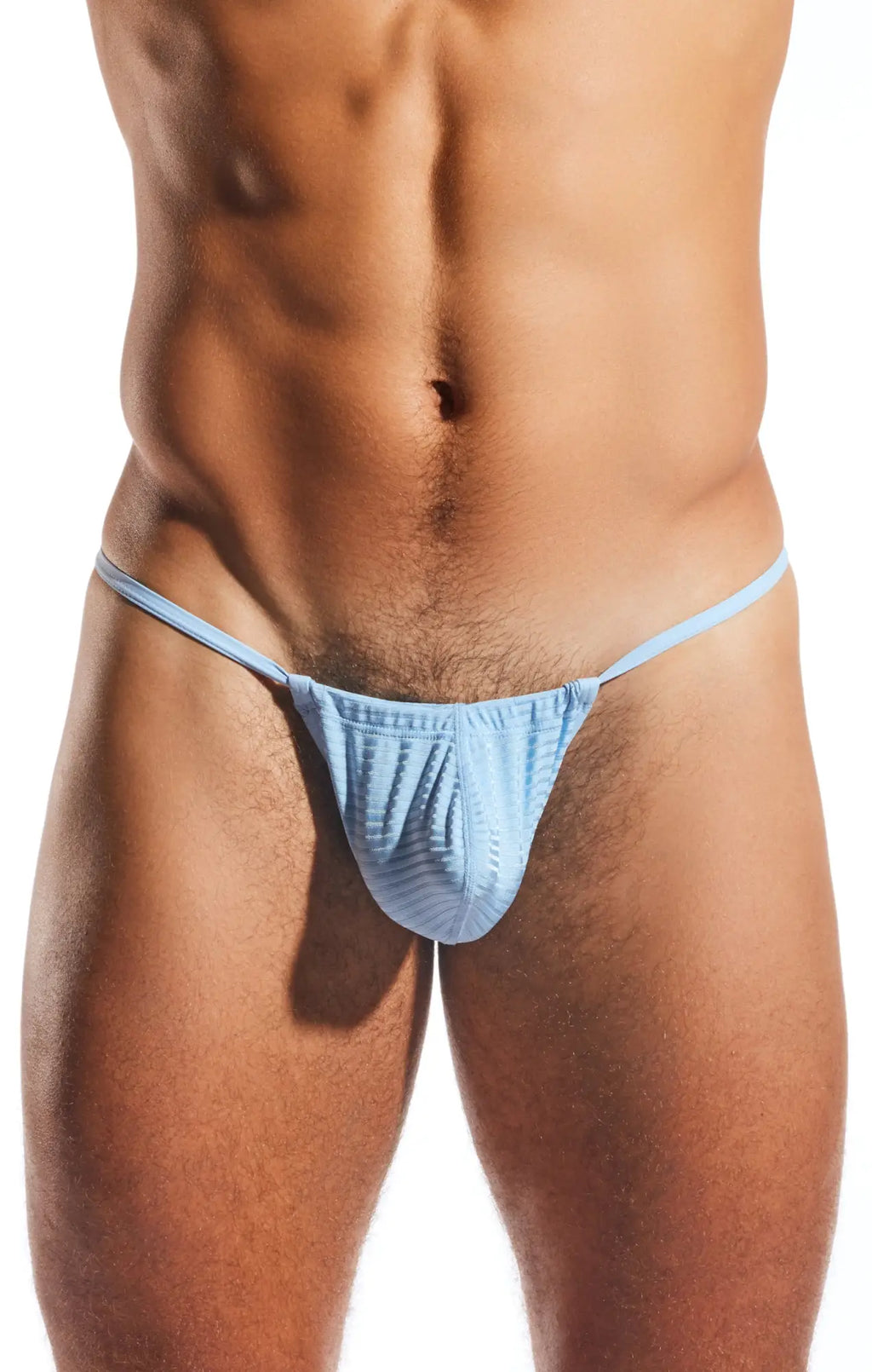 Light blue cocksox CX14LUX semi sheer slingshot thong with textured fabric and thin straps front view