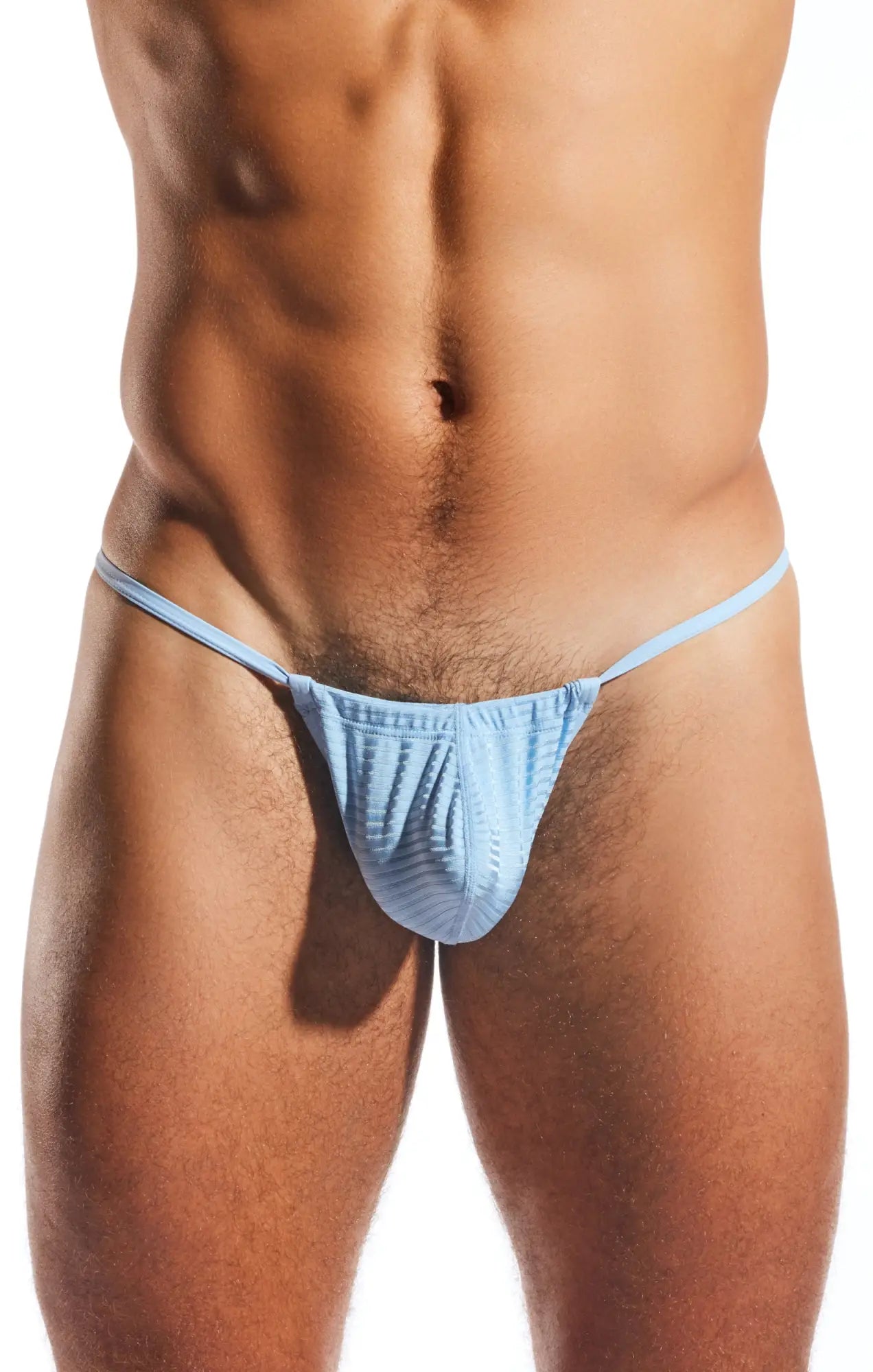 Light blue cocksox CX14LUX semi sheer slingshot thong with textured fabric and thin straps front view