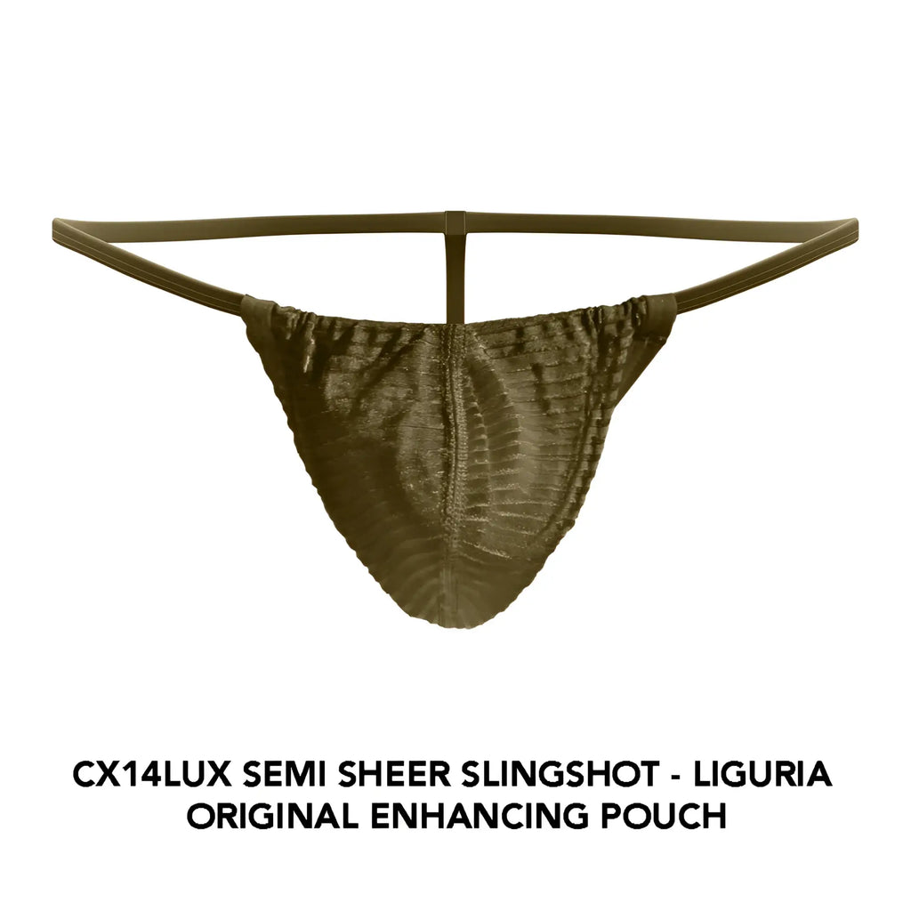 Cocksox cx14lux semi-sheer slingshot in liguria olive green with ribbed design and thin elastic straps