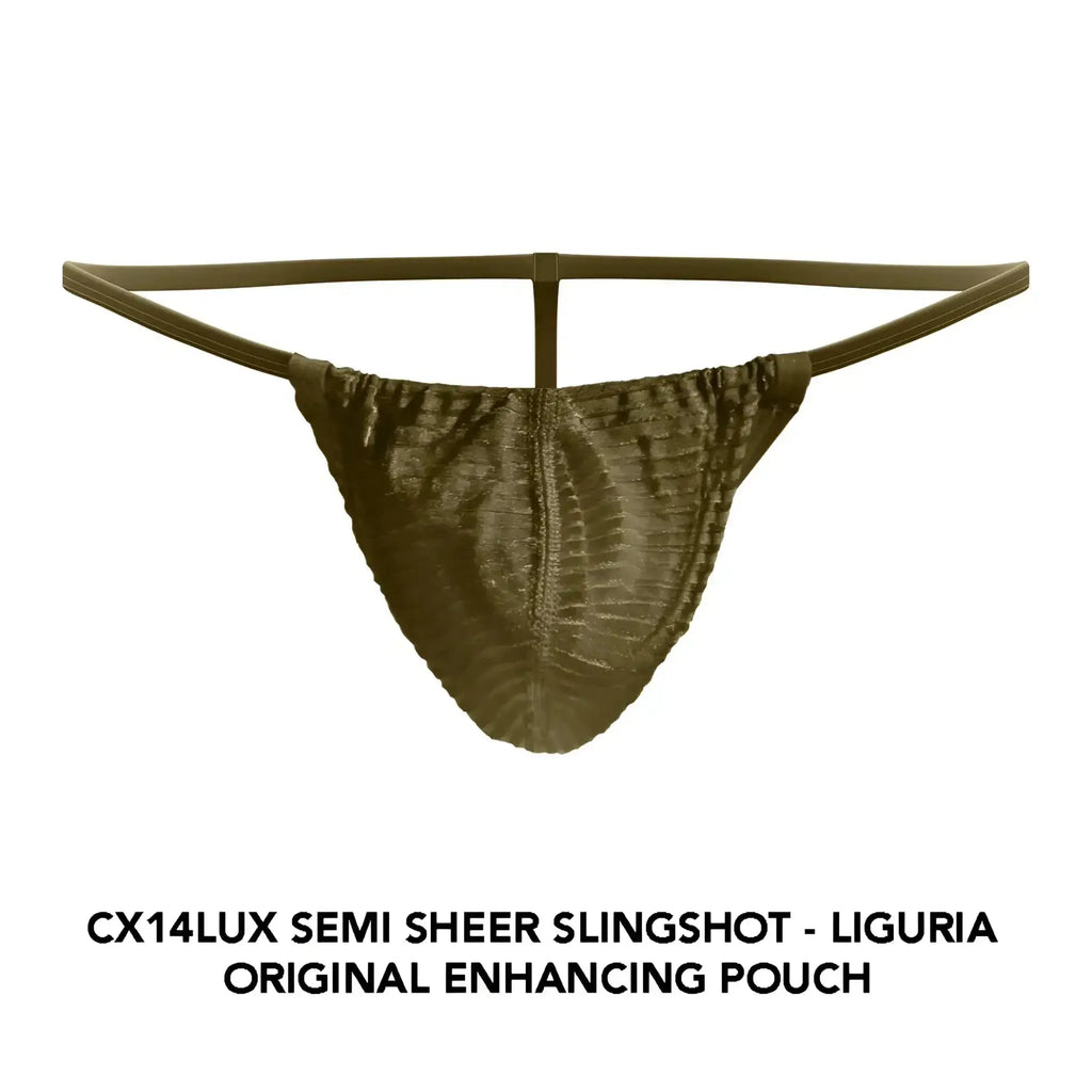 Cocksox cx14lux semi-sheer slingshot in liguria olive green with ribbed design and thin elastic straps