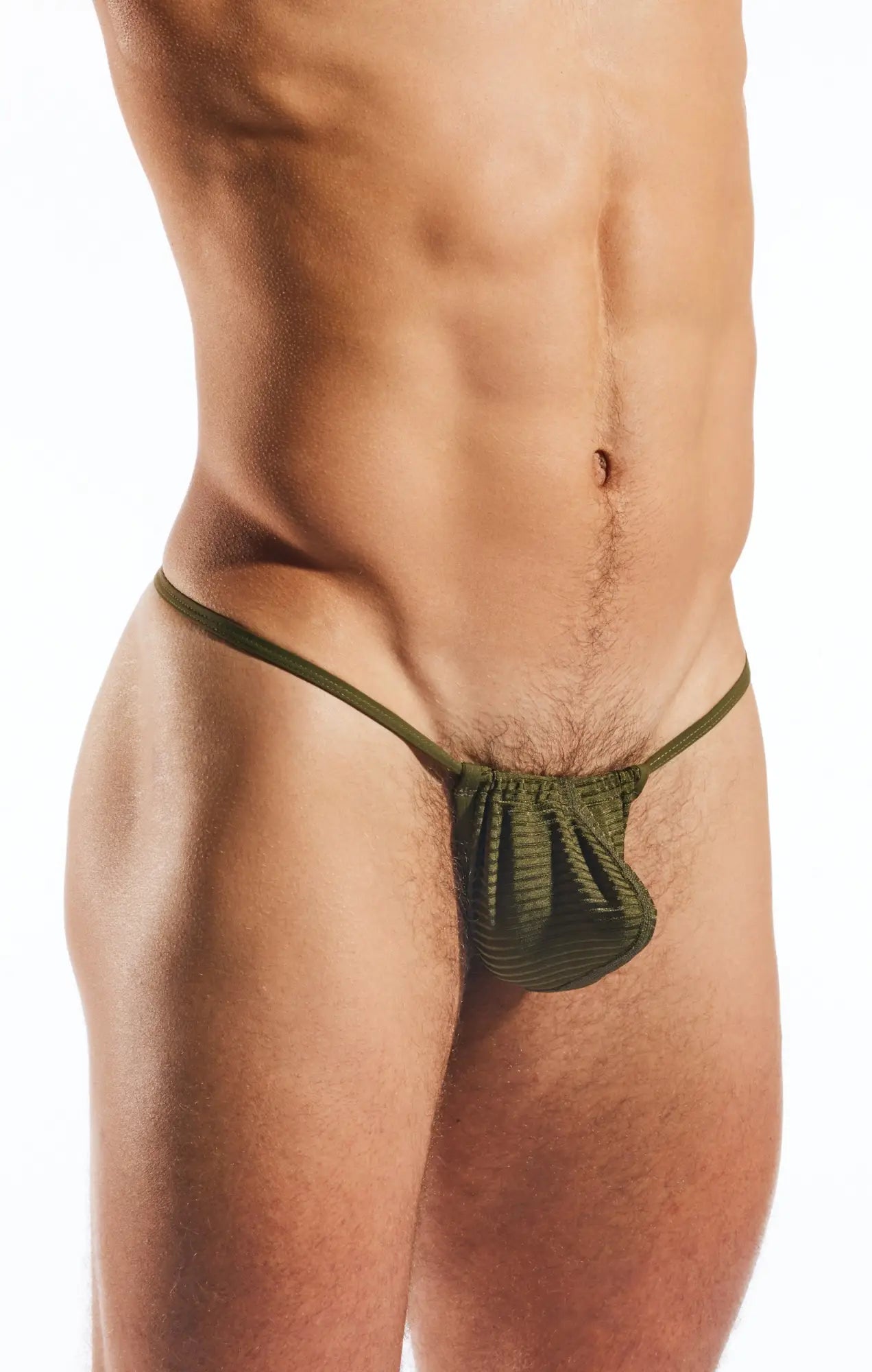 Olive green cocksox cx14lux semi sheer slingshot thong with textured fabric shown from the back side