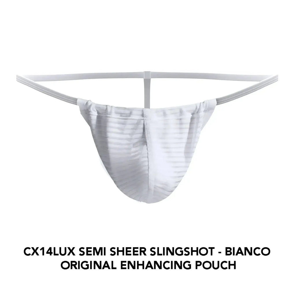 Cocksox CX14LUX white semi sheer slingshot pouch with subtle striped texture and elasticized waistband
