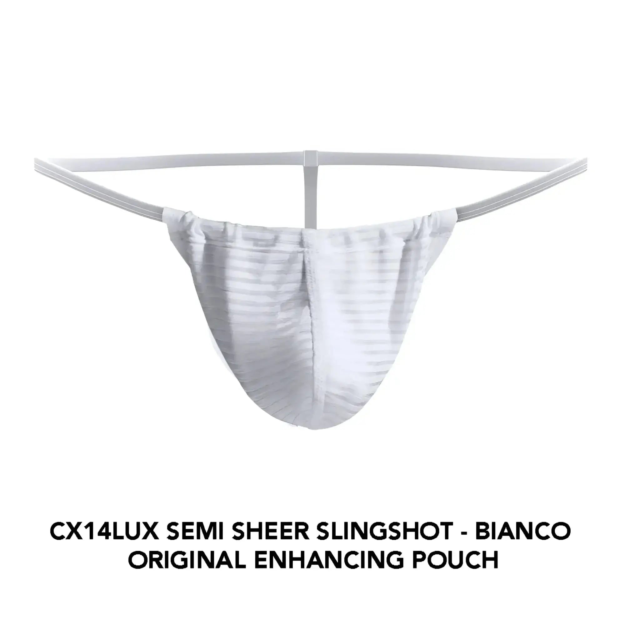 Cocksox CX14LUX white semi sheer slingshot pouch with subtle striped texture and elasticized waistband