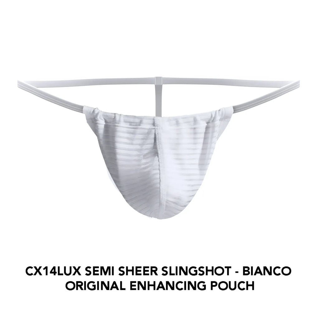 Cocksox CX14LUX white semi sheer slingshot pouch with subtle striped texture and elasticized waistband