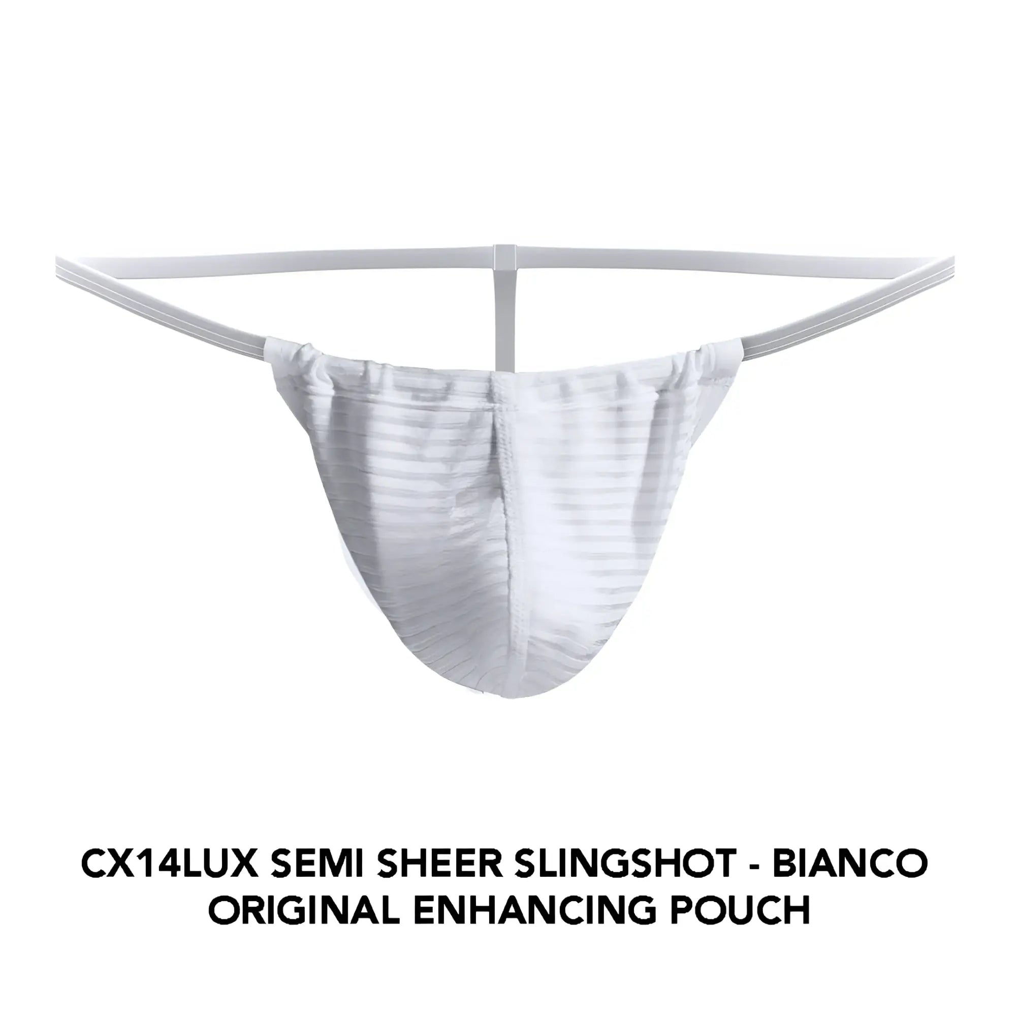 Cocksox CX14LUX white semi sheer slingshot pouch with subtle striped texture and elasticized waistband