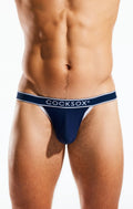 Navy blue cocksox cx16bb bikini brief with white trim and subtle logo band in soft breathable fabric