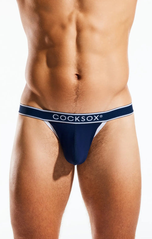 Navy blue cocksox cx16bb bikini brief with white trim and subtle logo band in soft breathable fabric