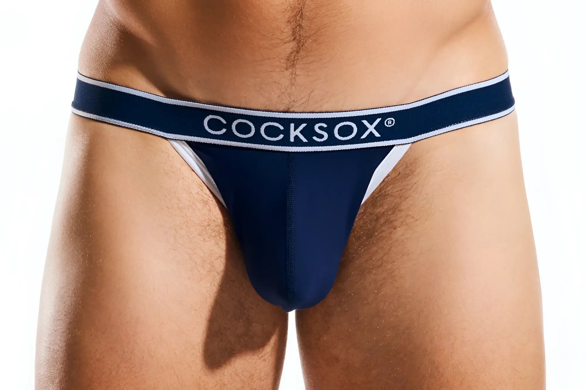 Navy blue cocksox cx16bb bikini brief thong with white trim and brand logo on the waistband shown from the back