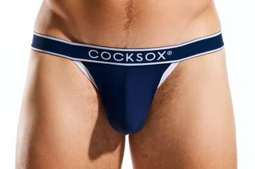 Navy blue cocksox cx16bb bikini brief thong with white trim and brand logo on the waistband shown from the back