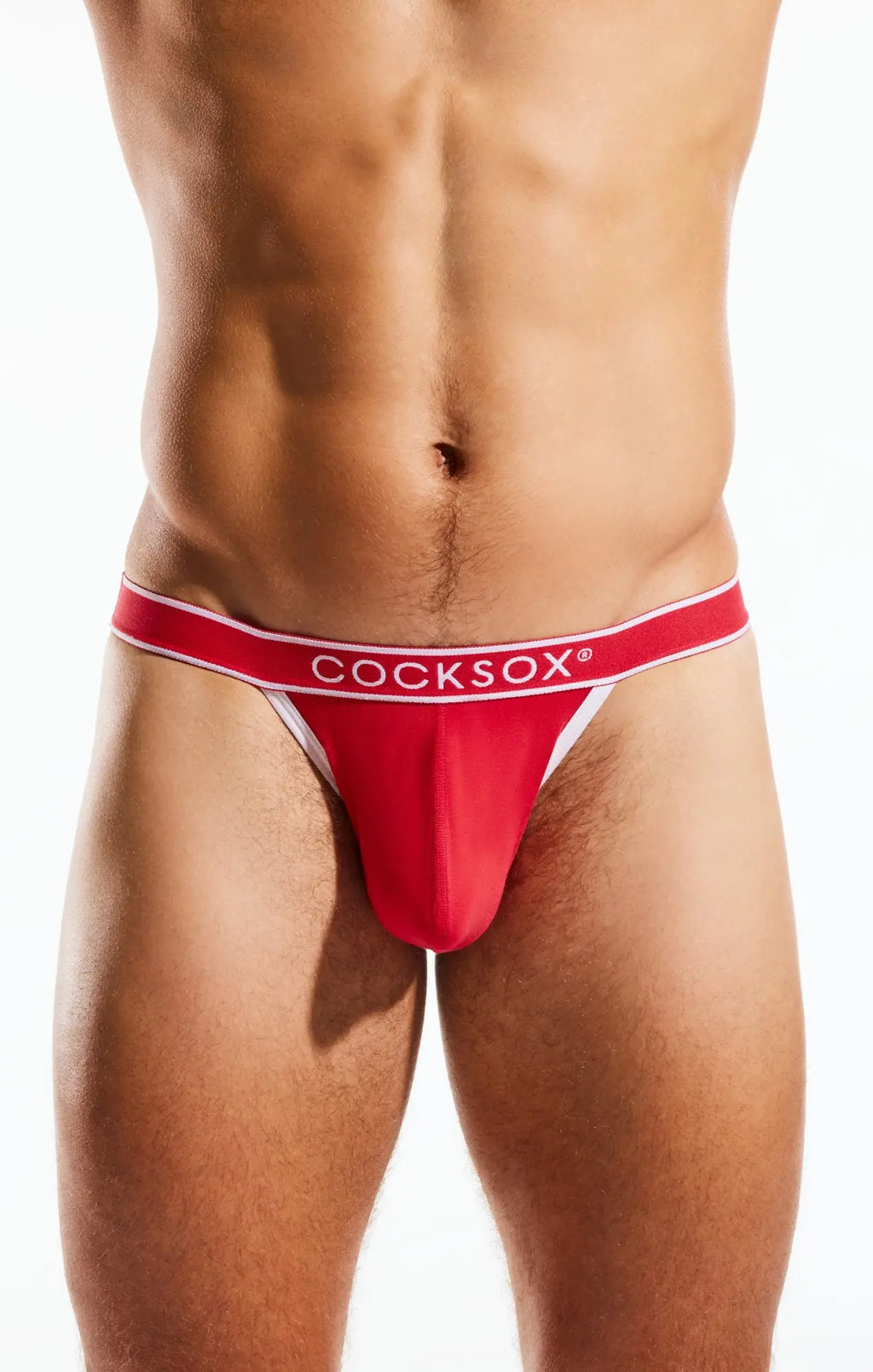 Red cocksox cx16bb bikini brief with white trim and cocksox logo on waistband in breathable fabric