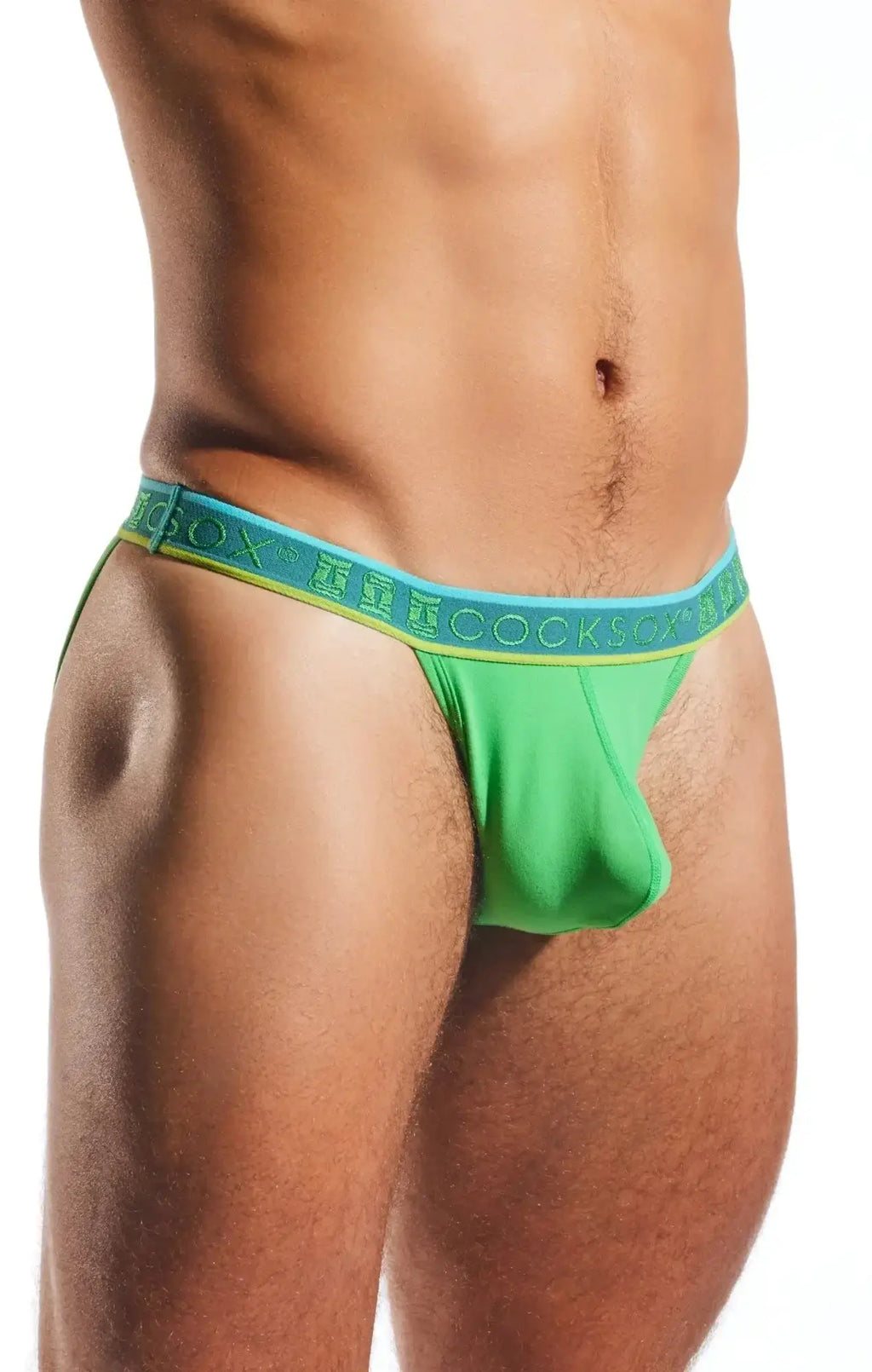 Green cocksox cx16n bikini brief with blue and yellow elastic waistband featuring cocksox branding