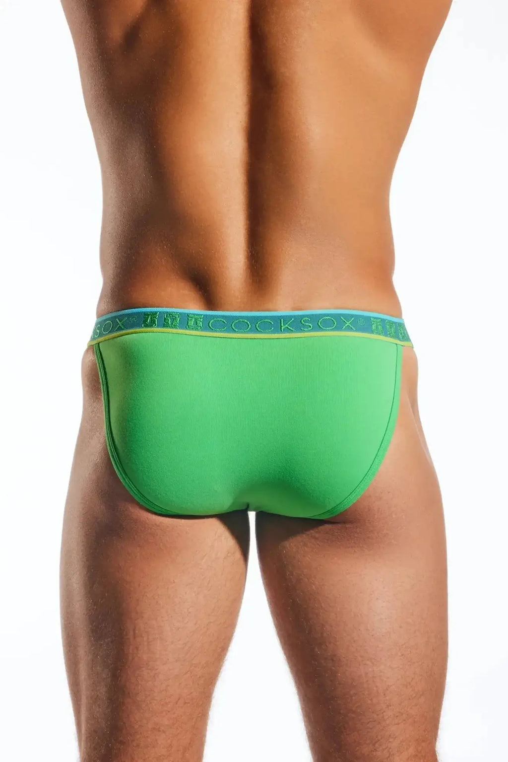 Bright green cocksox cx16n bikini brief with blue waistband and yellow brand lettering for comfortable daily wear