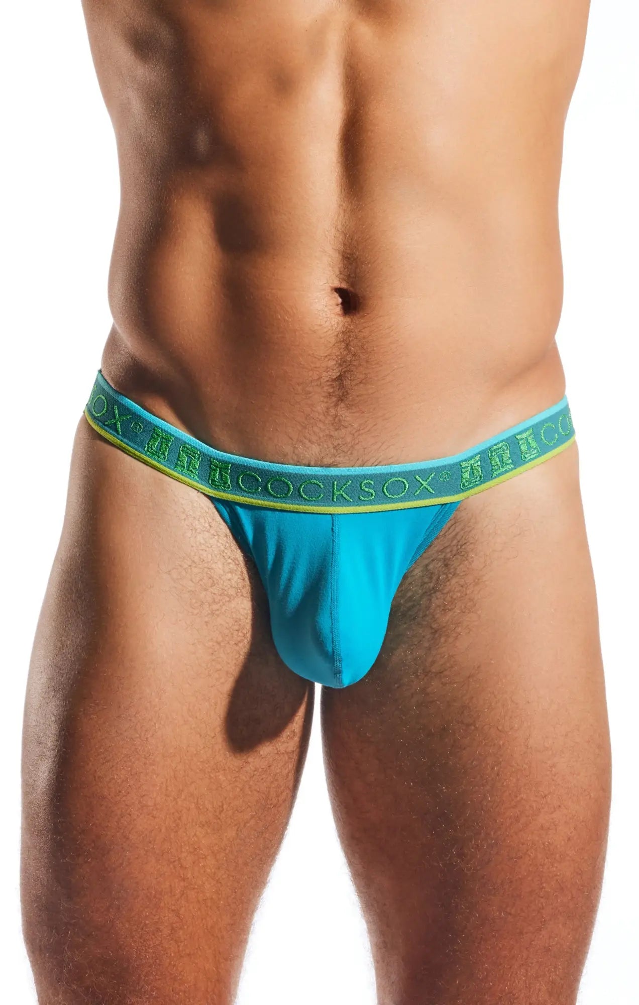 Bright turquoise blue cocksox cx16n bikini brief jockstrap with lime green waistband featuring hoocksox branding