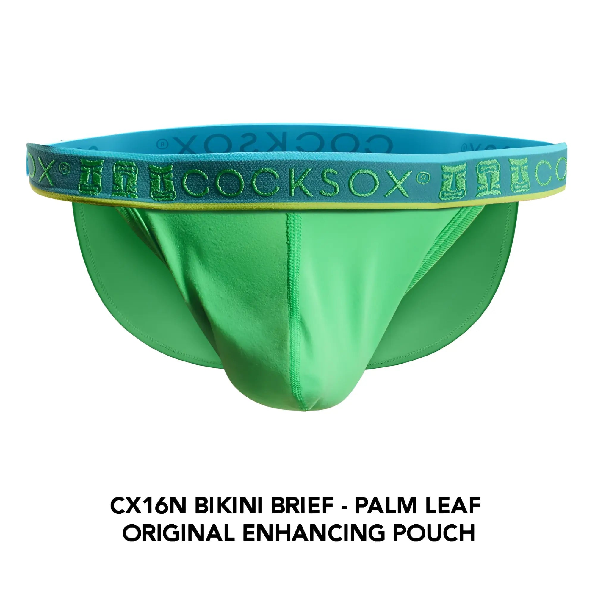 Green Cocksox CX16N bikini brief with teal waistband featuring Cocksox logo in green lettering for comfortable wear