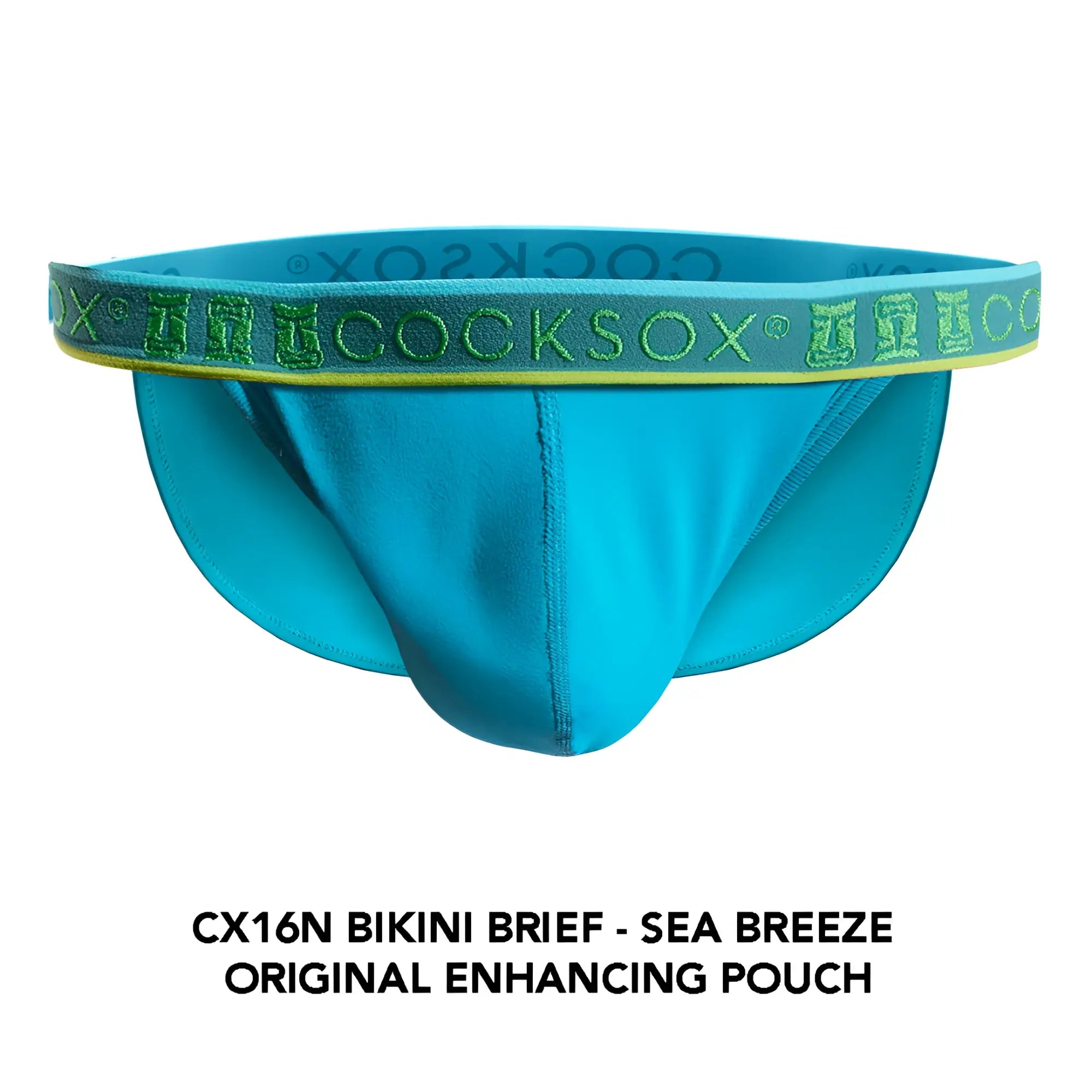 Cocksox CX16N bikini brief in sea breeze blue with green and yellow branded waistband for comfortable wear