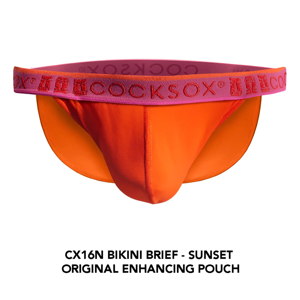 Vibrant orange cocksox cx16n bikini brief with contrasting pink waistband and red embroidered brand logo