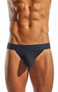 Black cockbox brand briefs with smooth form fitting design and elastic waistband shown from the back side