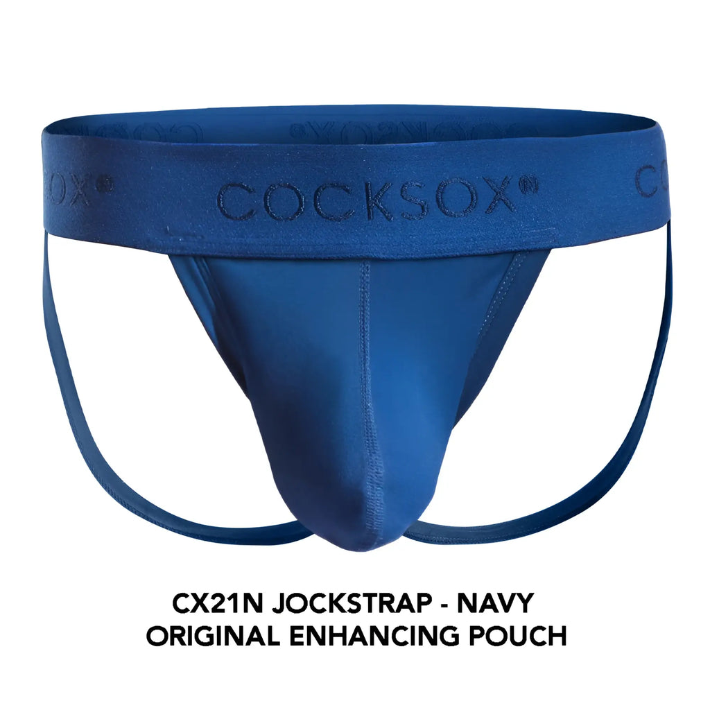Navy blue Cocksox CX21N jockstrap with supportive pouch and branded waistband for comfortable active wear