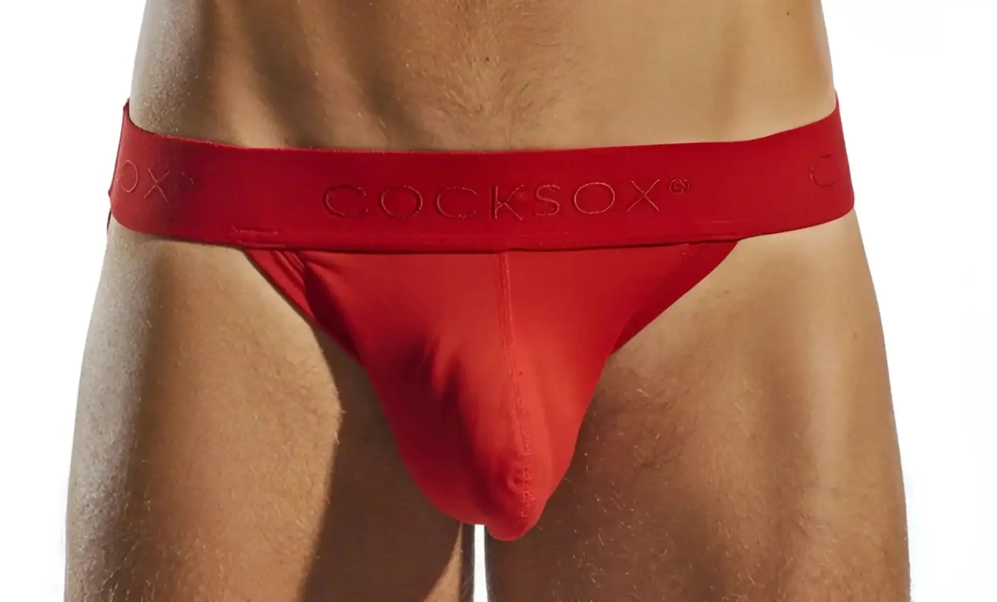 Red cocksox cx21n jockstrap briefs with smooth form fitting fabric and elastic waistband with embossed branding