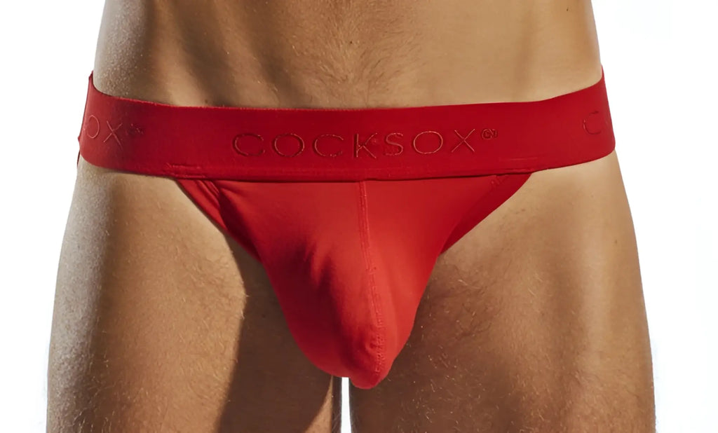 Red cocksox cx21n jockstrap briefs with smooth form fitting fabric and elastic waistband with embossed branding