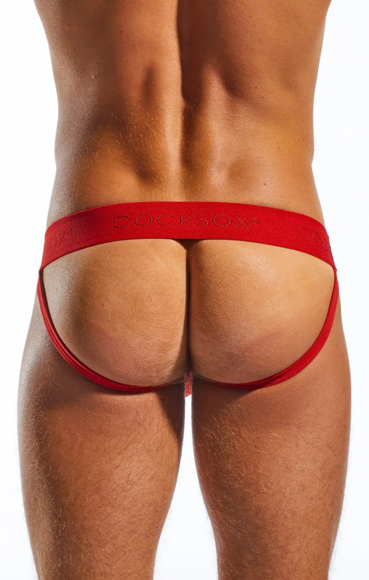 Red cocksox cx21n jockstrap thong with smooth elastic fabric waistband and leg straps