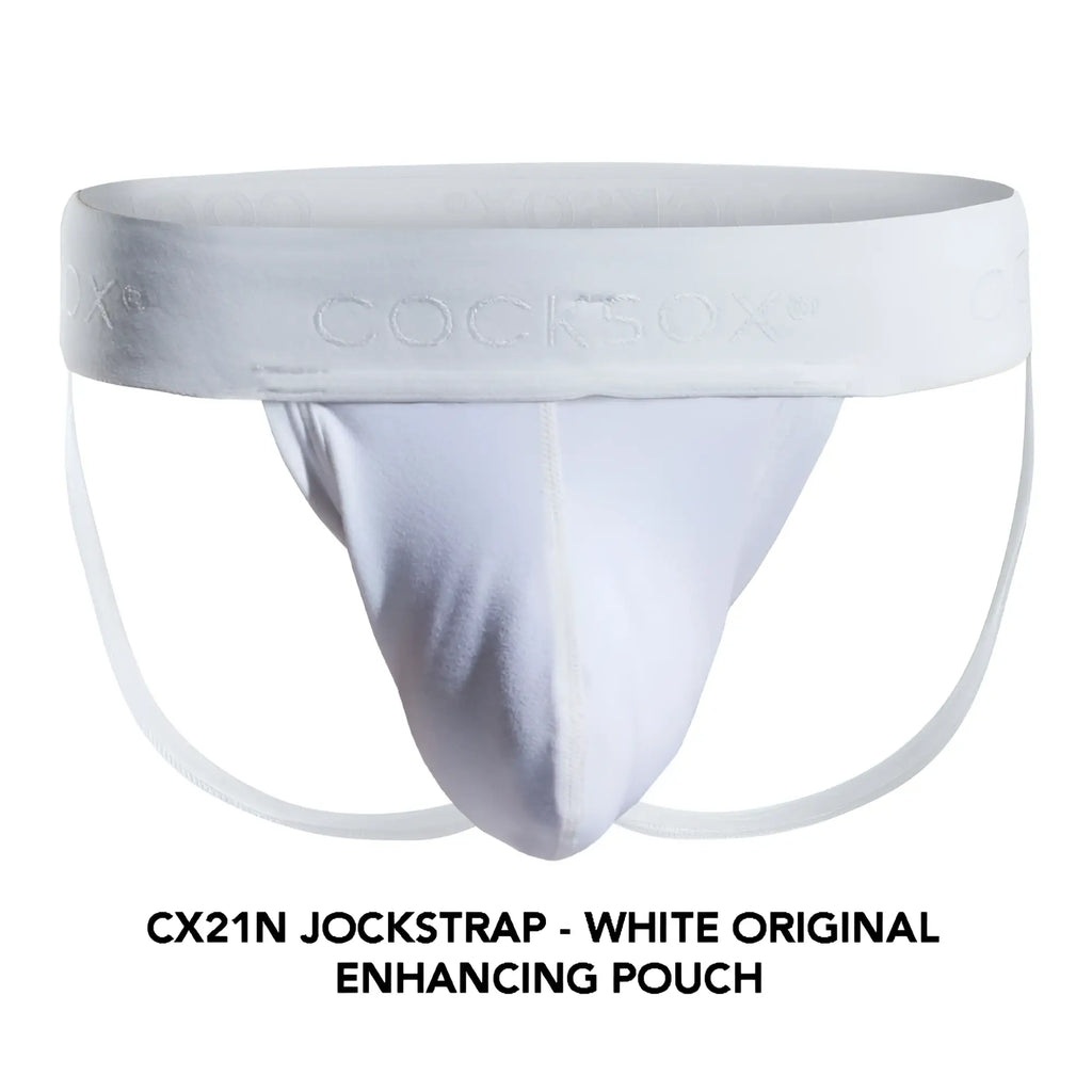 White cocksox cx21n jockstrap with smooth form-fitting design and reinforced waistband for comfortable support