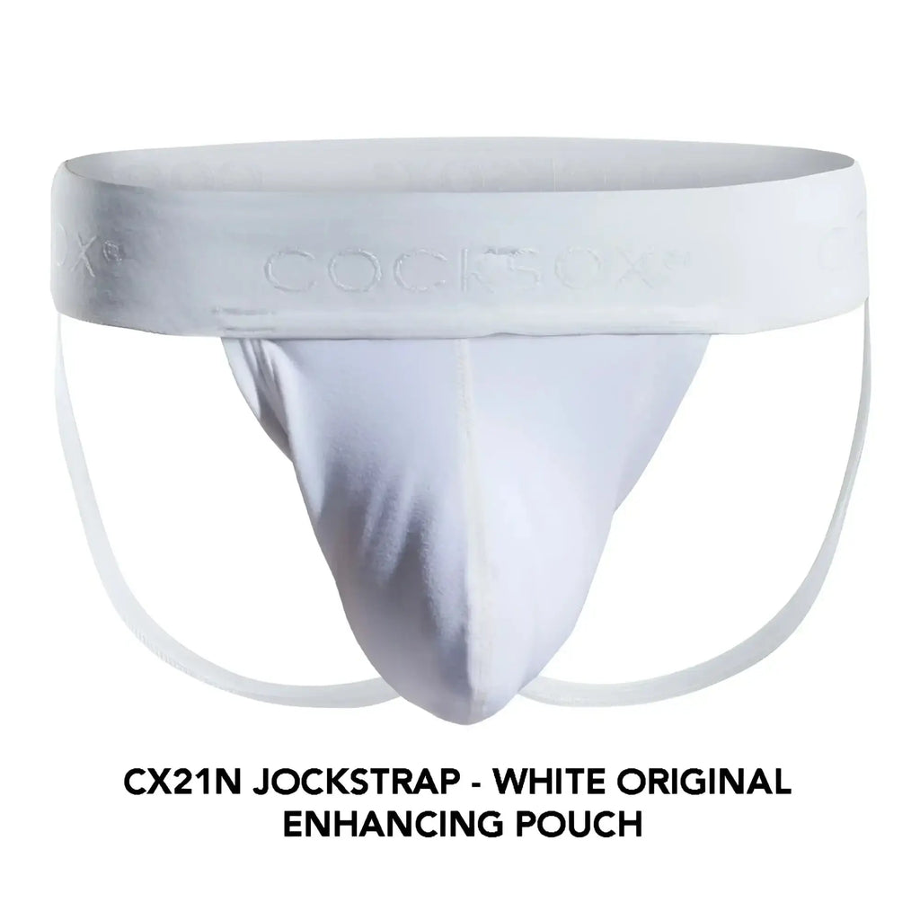 White cocksox cx21n jockstrap with smooth form-fitting design and reinforced waistband for comfortable support