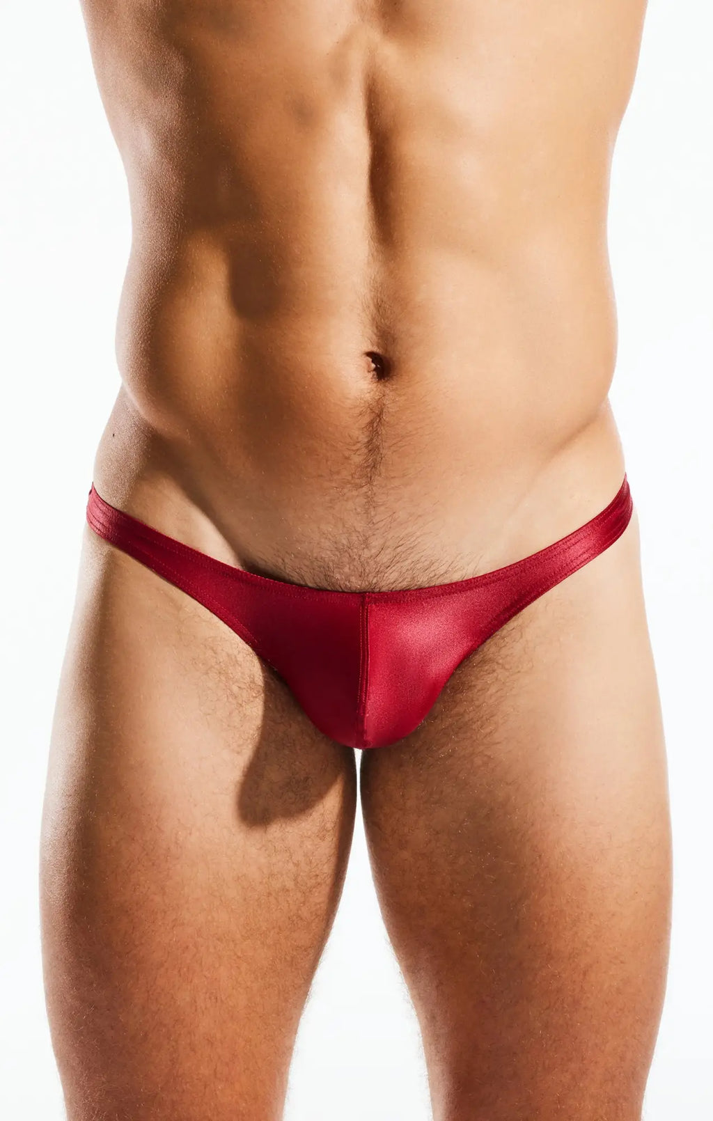 Red satin cocksox cx22gs swim thong showing the back side designed for swimwear and comfort