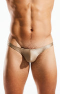 Tan satin swim thong briefs by cocksox cx22gs with smooth sleek design shown from the back side