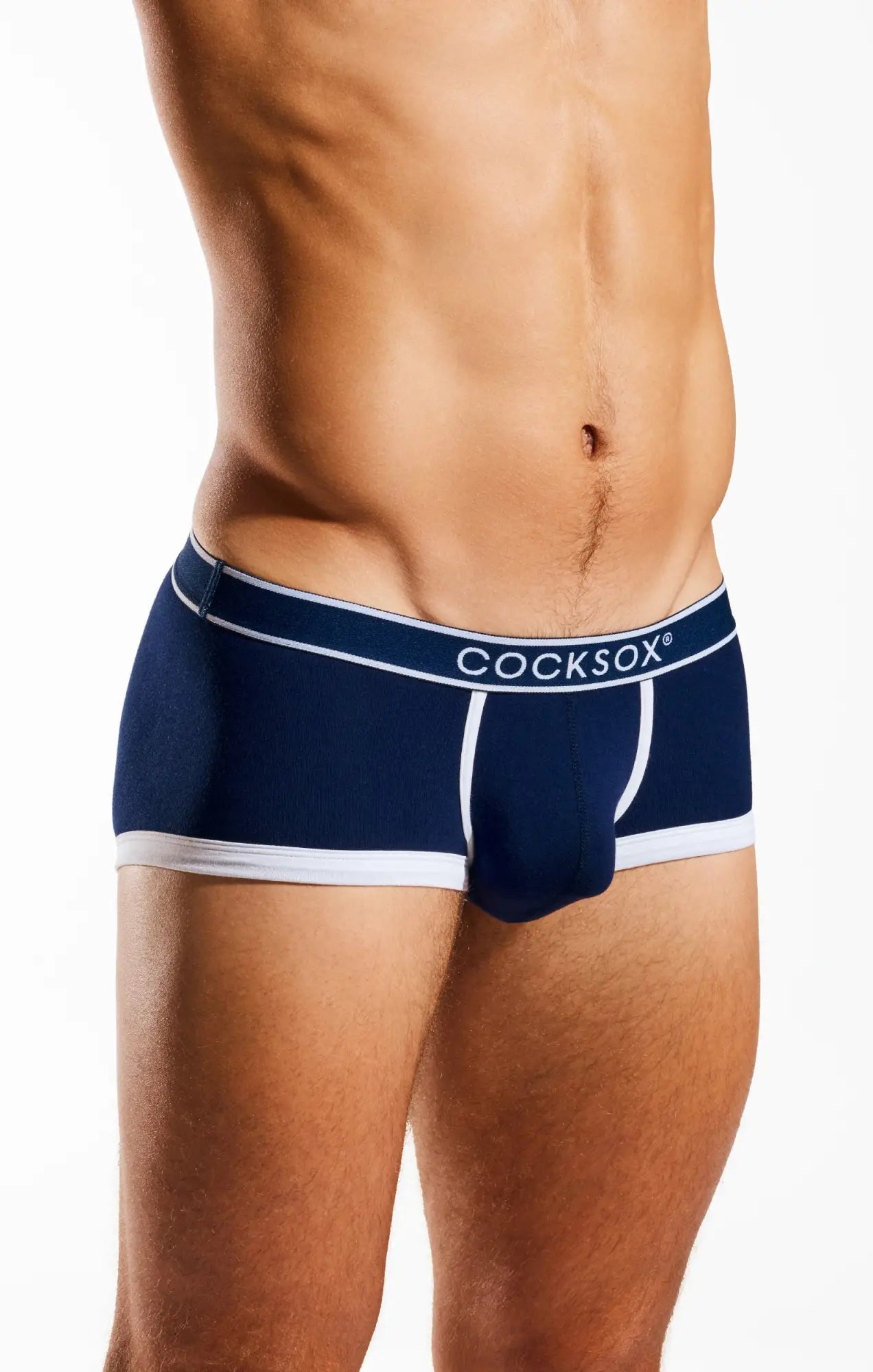 Navy blue cocksox cx68bb trunk briefs with white trim and elastic waistband designed for comfortable everyday wear