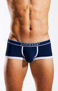 Navy blue cocksox cx68bb trunk men’s briefs with white trim and elastic waistband for comfortable support