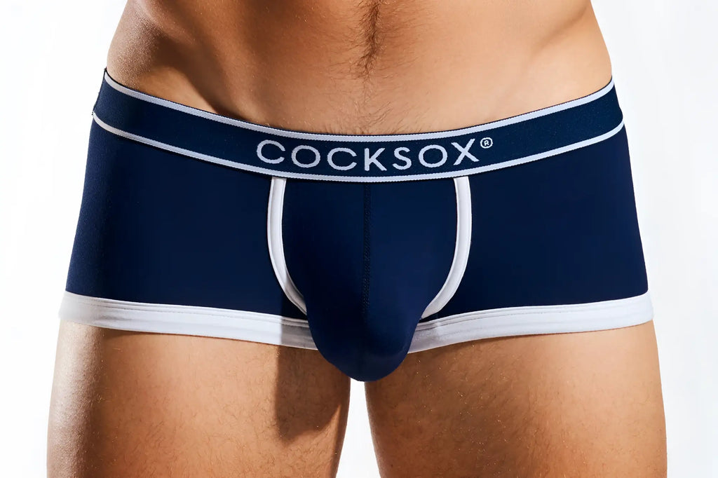 Navy blue cocksox cx68bb trunk men’s briefs with white trim and brand logo, designed for comfort and support