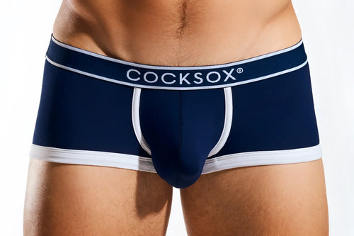 Navy blue cocksox cx68bb trunk men’s briefs with white trim and brand logo, designed for comfort and support