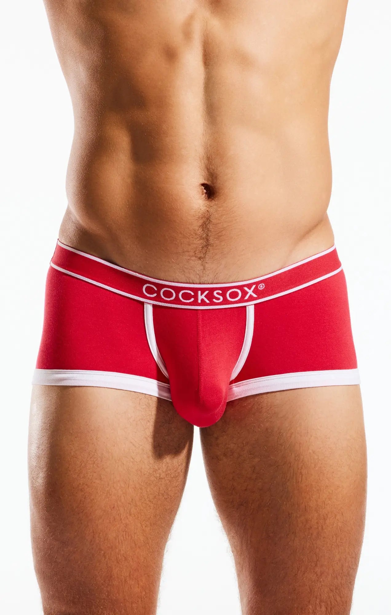 Red cocksox men’s trunk with white trim and branding designed for comfort and support in everyday wear