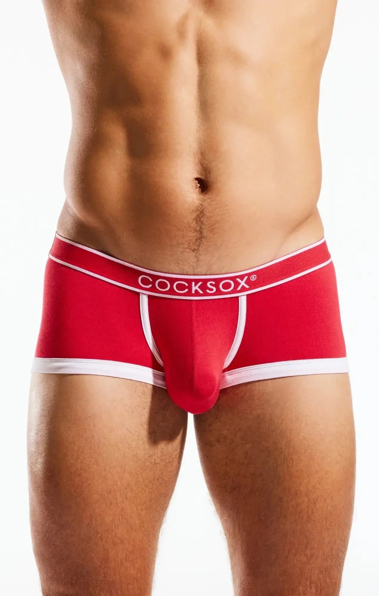 Red cocksox men’s trunk with white trim and branding designed for comfort and support in everyday wear