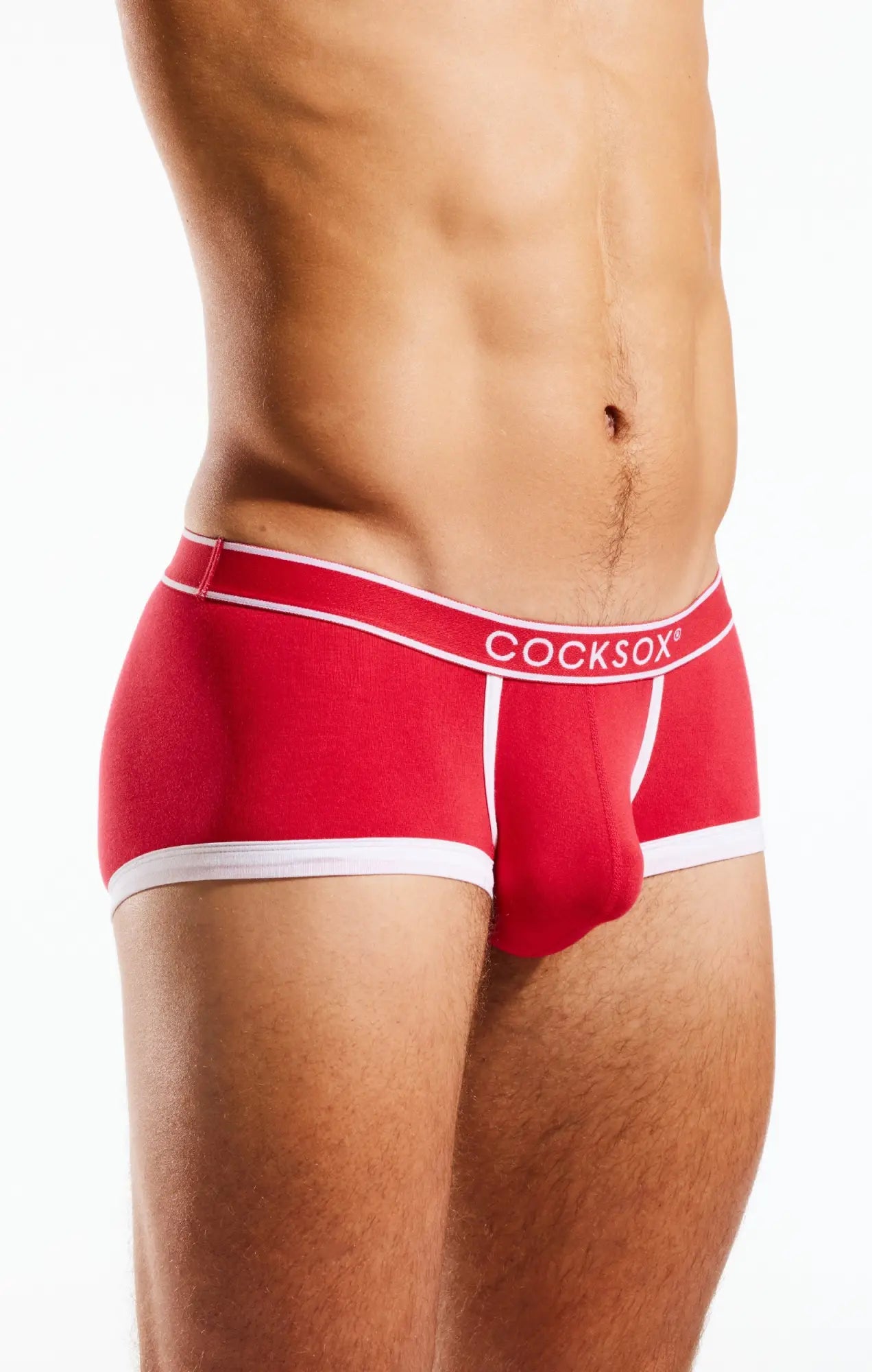 Red cocksox cx68bb trunk men’s briefs with white trim and branding in comfortable stretchy fabric