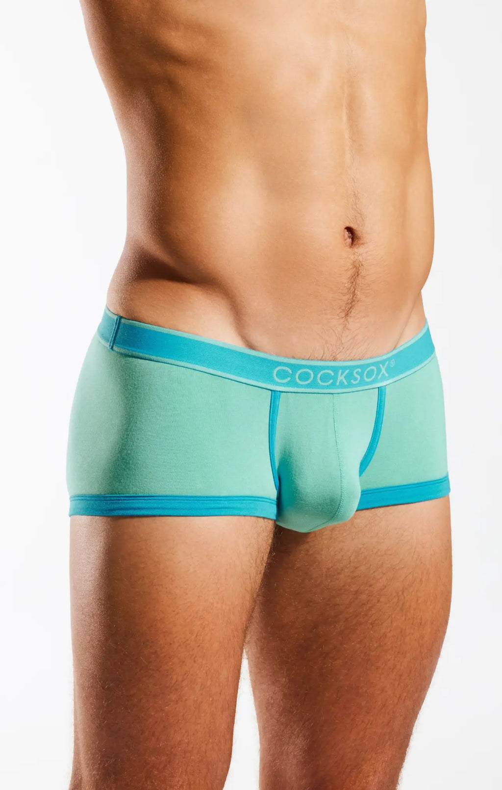 Teal and bright blue cocksox cx68bb trunk men’s briefs with a snug contoured fit for comfortable support