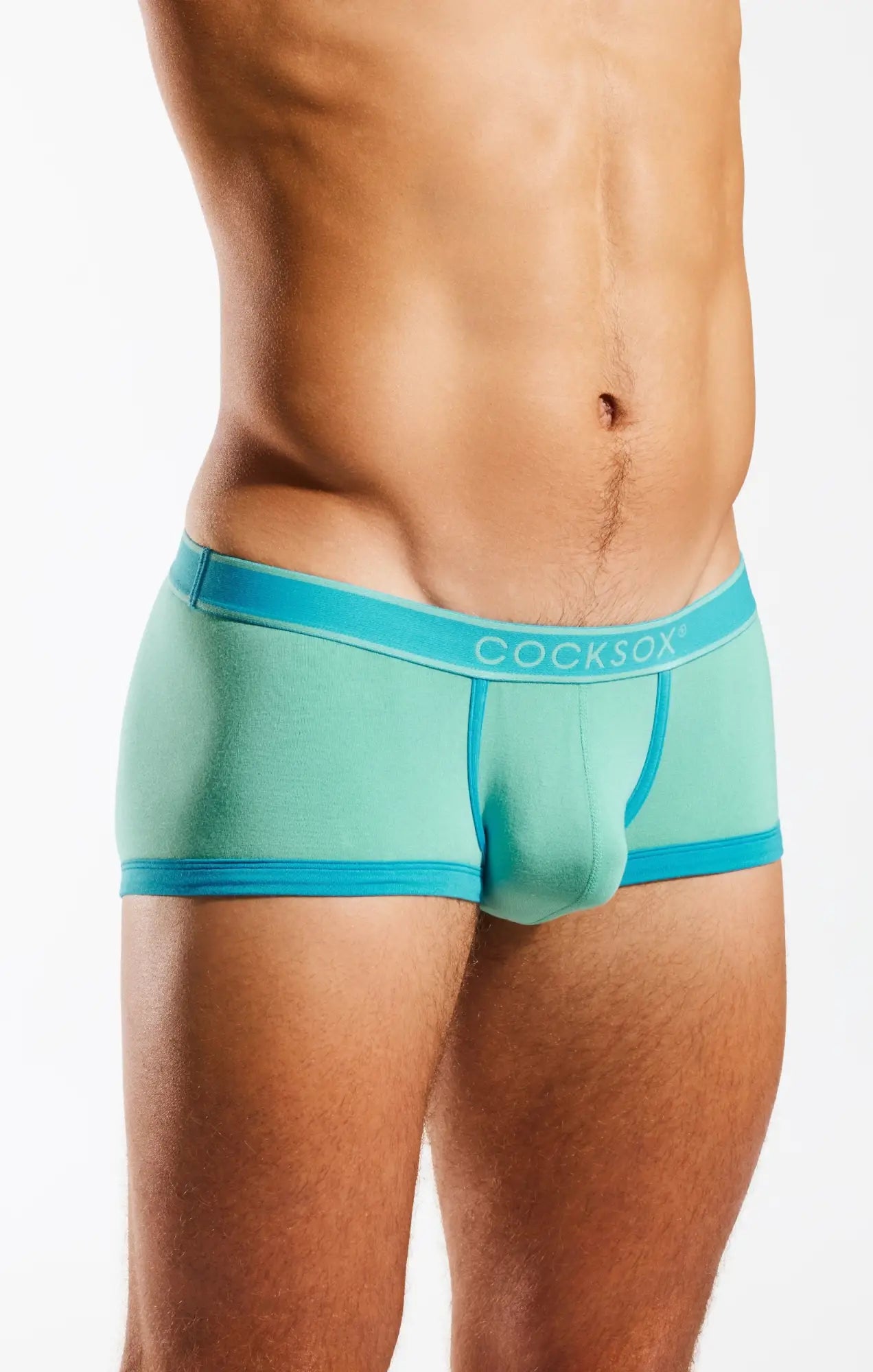 Teal and bright blue cocksox cx68bb trunk men’s briefs with a snug contoured fit for comfortable support